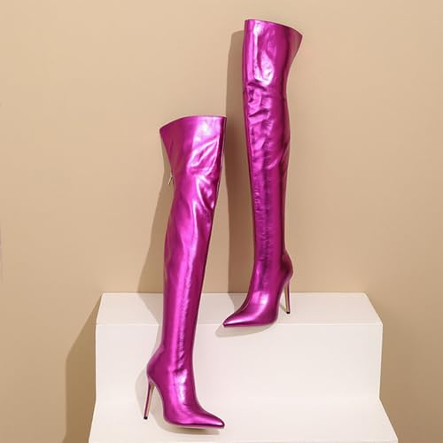 Over The Knee High Boots for Women, Pointed Toe Stiletto Heel Zippered Thigh Boots Metallic Patent Leather Fashionable Large Size Boots Heel Height 11CM4