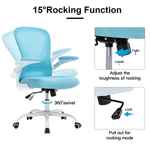 Hramk Office Chair Mid Back Swivel Desk Chair With Flip-Up Arms, Breathable Mesh Computer Chair, Lumbar Support Task Chair With Wheels, Height Adjustable (Blue) #TOP4