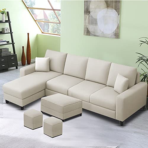 Image of Orland 8 Seater LHS L Shape Sofa with Center Table & 2 Puffy | Color - (Cream Fabric)