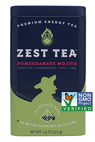 Zest Tea Premium Energy Hot Tea, High Caffeine Blend Natural & Healthy Black Coffee Substitute, Perfect for Keto, 135 mg Caffeine per Serving, Pomegranate Mojito Green Tea, 30 Sachets (2 Tins)