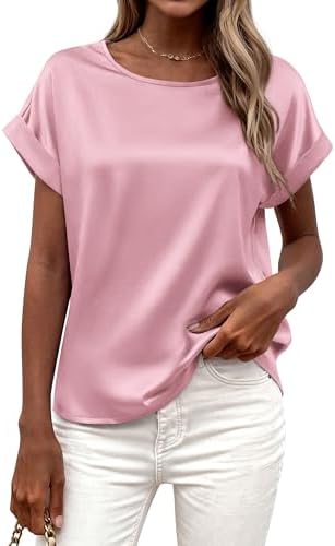 BTFBM Womens Summer Tops Satin Blouses Dressy Casual Crewneck Sho...