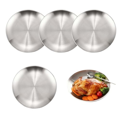 ZHYUAN Set di 4 piatti rotondi in acciaio inox, 20 cm, piatti da campeggio, in acciaio inox, 20 cm, piatti piani in metallo, per campeggio, picnic, escursioni, cucina, feste (4)