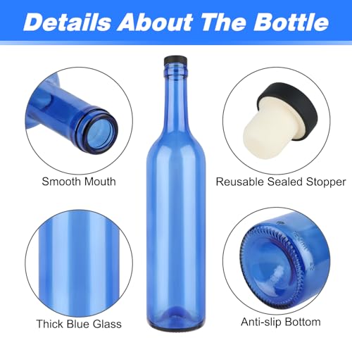 GUANENA 8 Pack 750ml Blue Glass Bottles with Cork Lids and PVC Shrink Capsules, Empty Home Brewing Wine Bottles with Funnel for Sparkling Wine, Juice, Kombucha, Beverages by GUANENA - Image 3