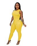 TOPSRANI Womens Two Piece Outfits Bodycon Tracksuit Sweatsuits Solid Jogger Biker Workout Gym Lounge Short Sleeve Pant Sets Yellow XL