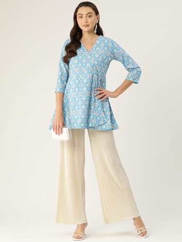 Image of feranoid Floral Print Angrakha 3 Sleeves Flared Kurti