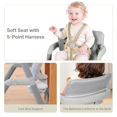 Image of Ezebaby High Chair for Babies Toddlers: Foldable Adjustable High Chairs with Removable Large Tray Easy-Clean Cushion Design Metal Baby High Chair(Grey)