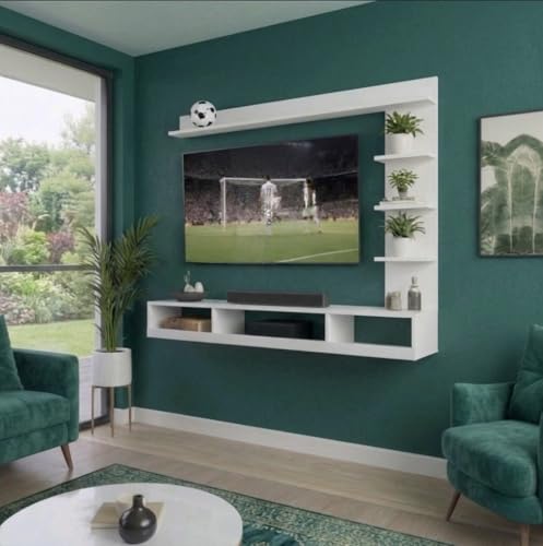 Image of Bros Moon Wall Mounted TV Cabinet, L-Shape, Choco White, MDF, Modern Style, Laminated Finish, for Living Room, Suits TV up to 55 Inches (Frosty White, C Style 48 Inches Base)
