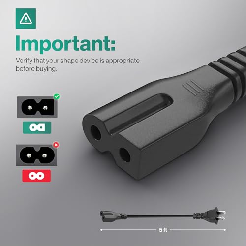 2 Prong Polarized 5Ft Power Cord C7 Connector AC Power Cable Replacement for Vizio D-E-M Series TV, Sewing Machine, PlayStation PS1/PS2, Sony, Bose, Brother, Singer - Image 3