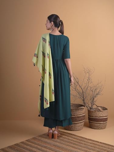 Image of Libas Women's Printed Rayon Anarkali Kurta With Palazzos & Dupatta