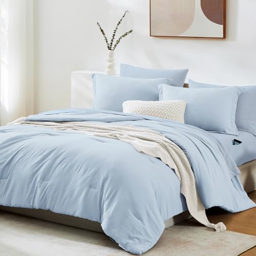 Image of Queen Comforter Set-7 Pieces Soft Prewashed Bed in a Bag Queen Bedding Sets | All Season Comforter with Sheets, Pillow Shams & Pillowcases,Ice Blue