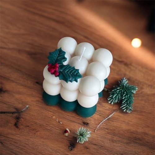 Image of Handcrafted Christmas Bubble Candle, Decorative White Cube with Holly Berry Design, Festive Holiday Home Decor