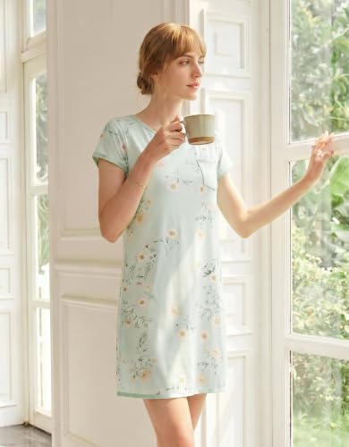 Image of Ekouaer Womens Nightgown Sleep Shirt Dress Satin Patchwork Short Sleeve Sleepwear with Pocket