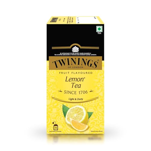 Image of Twinings Lemon Tea, 25 Tea Bags, Premium Black Tea With Lemon, Light Strength, Light & Zesty Flavour, Rich in Anti-oxidants, Caffeine-Free, Made With Finest Ingredients, Enjoy a Hot Cup of Tea