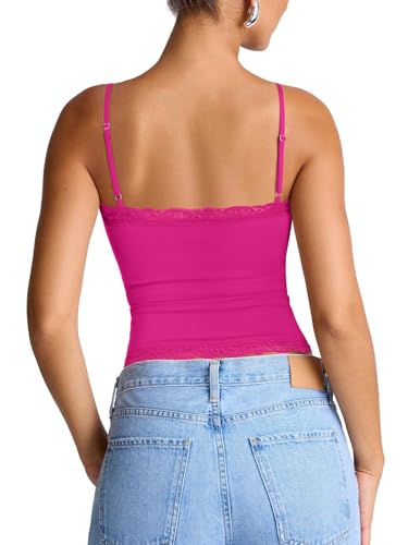 PINKMSTYLE Women's Square Neck Sleeveless Double-Layer Tank Tops Basic Spaghetti Strap Lace Trim Tight T Shirts Neon Rose Red Small — view 5