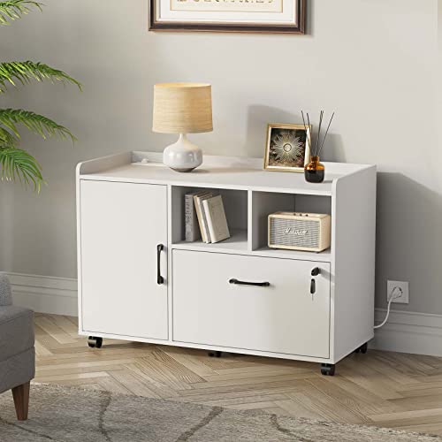 Rolanstar File Cabinet With Charging Station, Mobile Lateral Filing Cabinet With Locking Drawer, Printer Stand With Open Storage Shelf With Wheels, For Letter/Legal/A4 Size Files, White #TOP4