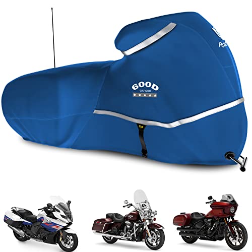 Image of Motorcycle Cover with Side Box Heavy Duty 600D Waterproof for Touring Models Harley Davidson Road King,Road Glide,Street Glide, Electra Glide,Low Rider-ST Indoor & Outdoor Storage Blue