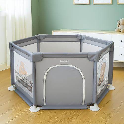 Image of Baybee Neo Kids Playpen for Babies | Baby Activity Playards with Zipper Lock & Corner Protection | Baby Play Area Indoor Setup with Hexagon shape for Extra Space | Outdoor Play Pen for Baby up to 5 Years (Grey)