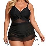 SEDEX Badeanzug Damen Bauchweg Große Größen V-Neck Mesh Shape Monokini Crossover Push Up Einteiler Schwimmanzug Verstellbare Träger Sexy Strandmode Badekleid Curvy