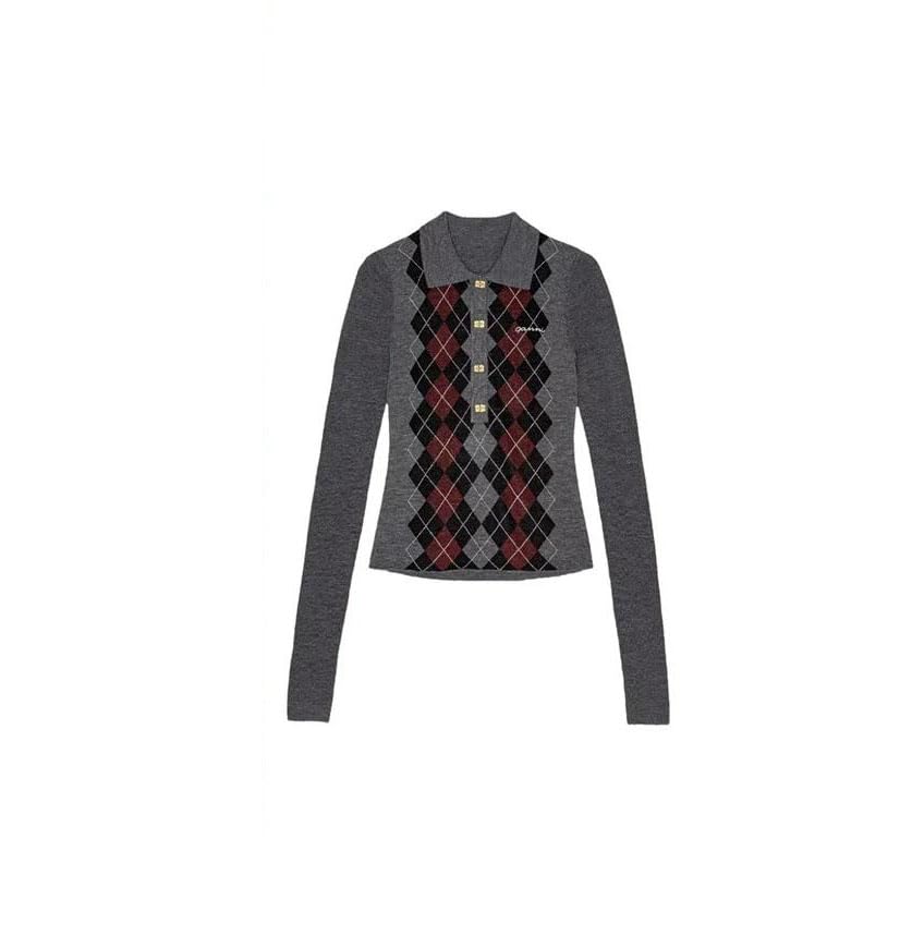 Womens Long Sleeve Slim Fit Rhombus Plaid Pattern Knitted Button Sweater