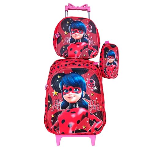 Kit Mochila Infantil Feminina Lady Bug com Carrinho Rosa + Lancheira Térmica + Estojo Escolar Infantil em Alto Relevo