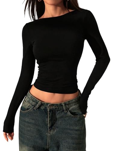 GORGLITTER Damen Langarmshirt Rückenfreies Top mit Spitze Slim Fit Oberteile mit U-Boot Ausschnitt Casual Langarm Tshirt Bauchfrei Y2K Top Schwarz S