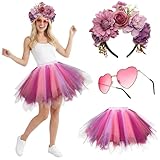 HarnyLoom Blumen Kostüm Damen Rosa Tüllrock Haarreif Herz Sonnenbrille Waldfee Kostüm 80er Jahre Outfit für Karneval Fasching Mottoparty