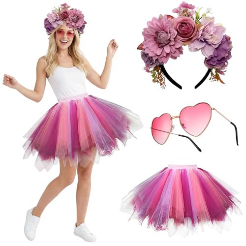 HarnyLoom Jupe Tutu Rose en Tulle pour Femme, Bandeau Fleuri, Lunettes de Soleil en forme de cœur,...