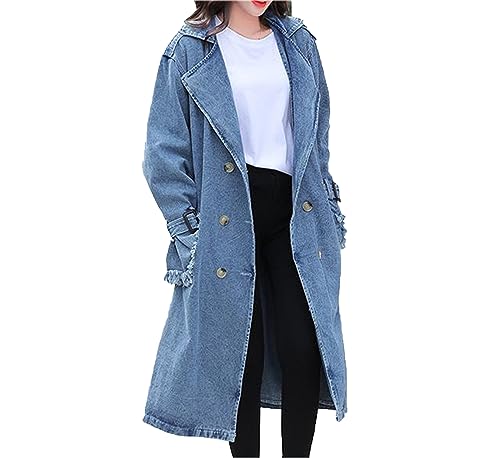 CRITOR Trench-Coat en Jean pour Femme Ceinture à Double Boutonnage Jean Long Manteau Automne Pardessus en Jean à Manches Longues
