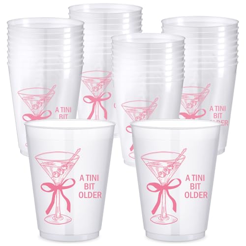Jingmore 24 Pack a Tini Bit Older Cups 16 oz Plastic Martini Birthday Cups Martini Bow Party Decorations for Women a Tini Bar Bit Older Birthday Home Bachelorette Party Supplies(Pink)