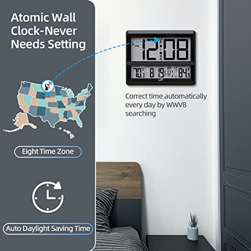 Atomic Clock Large Display, Digital Wall Clock With Indoor Outdoor Temperature And Date, Wireless Outdoor Sensor, Digital Desk Alarm Clock Battery Operated For Bedroom, Easy To Read, Black #TOP5