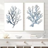 Coral Watercolor Wall Art Marine Life Wall Prints Coral Picture Blue Seascape Painting Blue Ocean Poster Sea Life Painting Blue And White Art Coastal Prints Trendy Coastal Poster 24x16inchx2 No Frame