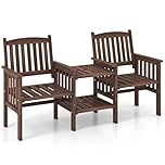 SFAREST Wooden Garden Loveseat, Solid Wood Bench Seat with 2 Tier Coffee Table & Built-in Umbrella Hole, Outdoor Patio Chairs Conversation Furniture Set for Backyard Porch (Brown, 165 x 60 x 88 cm)
