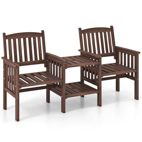 SFAREST Wooden Garden Loveseat, Solid Wood Bench Seat with 2 Tier Coffee Table & Built-in Umbrella Hole, Outdoor Patio Chairs Conversation Furniture Set for Backyard Porch (Brown, 165 x 60 x 88 cm)