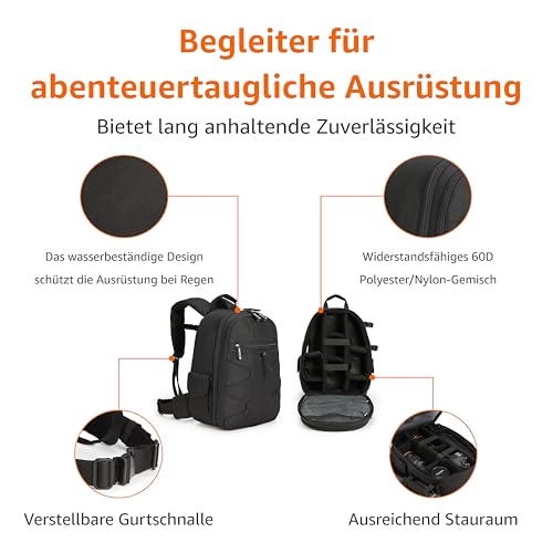 Amazon Basics Großer Kamerarucksack mit Interner Polsterung für DSLR und Zubehör, Wasserdicht und Stoßfest, 30 x 15 x 37 cm, Einfarbig, Schwarz