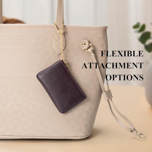 Image of Full Grain Leather Coin Purse with Key Chain - Small Change Purse Keychain Card Holder Keychain Pouch Small Keychain Wallet for Women and Men (Eggplant Purple)