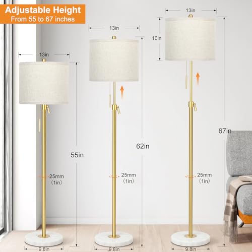 Qingmiao Modern Floor Lamp for Living Room, Adjustable Height Standing Lamp with Marble Base, Gold Tall Pole Light with Linen Shade for Reading Bedroom, Chain Switch, 8W 3-Way Dimmable Bulb Included by Qingmiao - Used condition - US$55.68