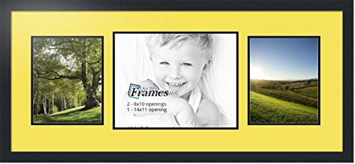 ArtToFrames Collage Photo Frame Double Mat with 1-11x14 and 2-8x10 Openings with Satin Black Frame and Canary mat.