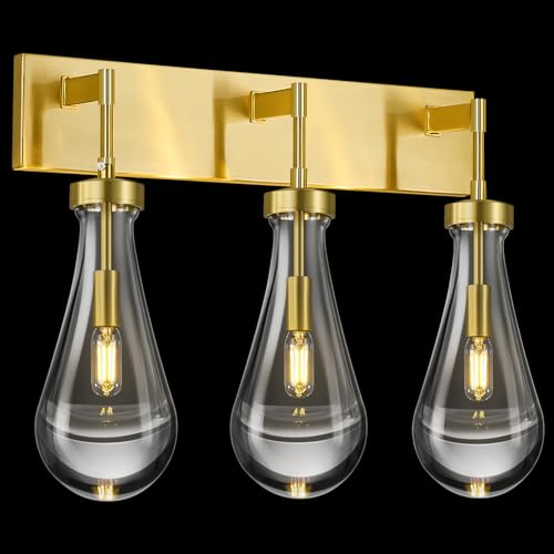 LIANGMH Raindrop Wall Sconces Gold Crystal Sconces Wall Decor Modern Lighting Glass Bathroom Sconces Indoor Vanity Light Wall Lamp for Bedroom Living Room Stair(3-Light)