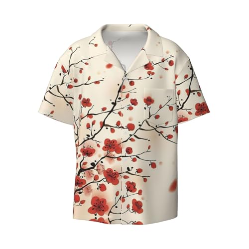 EdWal Camisas de vestir para hombre de manga corta con botones y estampado floral de ciruela japonesa, ajuste holgado, para verano, playa, camisas de vestir para hombre, Negro, 60