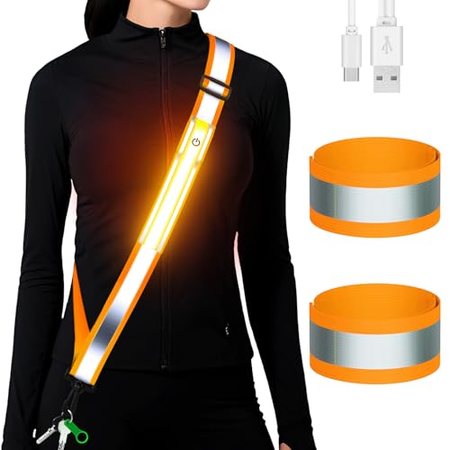 LED Reflective Running Gear High Visibility Reflective Belt Sash with Armband for Walking at Night,Adjustable Running Safety Gear Light Up Running Belt for Runners Walkers Men Women (Orange)