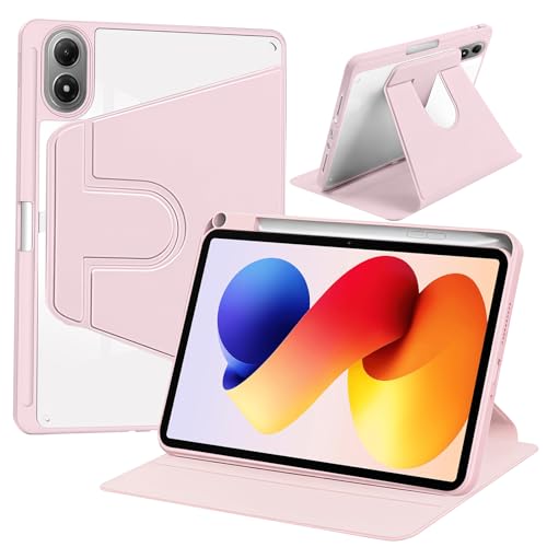 ZoRoll Coque pour Xiaomi Redmi Pad 2 Pro 12.1 Pouces/Xiaomi POCO Pad M1 12.1", Étui Housse de Protection Rotation à 360 Degrés Support, Housse Arrière Translucide avec Réveil/Sommeil Auto - Rose
