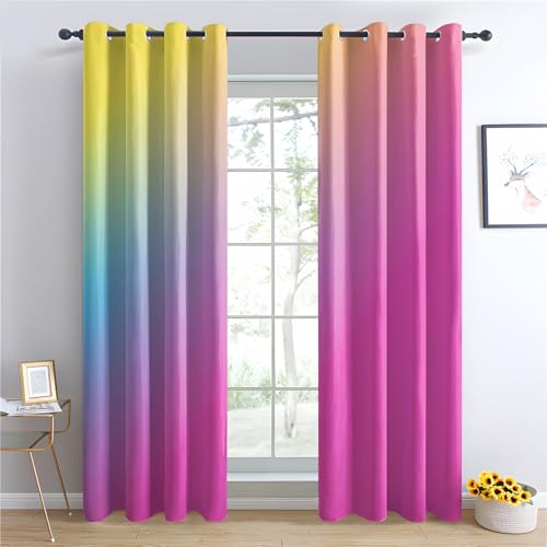 zcwl Pastel Ombre Curtains for Bedroom Living Room, Gradient Pink Yellow Patterned Blackout Curtains, Thermal Insulated Eyelet Curtain, 54 Drop Window Treatments Drapes, 66x54 Inch (W x L), 2 Panels - Image 2