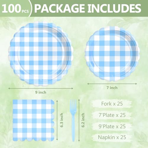 Image of 100 Light Blue Gingham Paper Plates and Napkins Disposable Set for Party