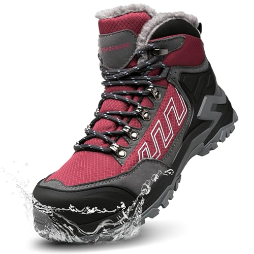KOIFISH Botas de seguridad para Mujer Invierno Impermeable Zapatos de Seguridad Punta Compuesta Antideslizante Antiestático Botas de Trabajo con Forro Térmico Rojo 36