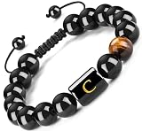 FRG Initials Bracelets Gifts for Men Letter Link Handmade Natural Black Onyx Tiger Eye Stone Beads Braided Rope Meaningful Bracelet Gifts for Son Grandson Husband Boyfriend Brother