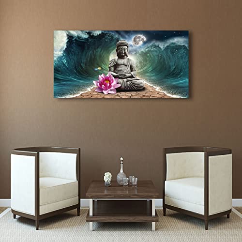 Canvas Wall Art Buddha Pictures Home Decor Grey Zen In The Background Of Moon And Waves Poster Prints Painting For Living Room Bedroom Bathroom Kitchen Office Decoration Hindu Artwork 24X48 Inches #TOP7