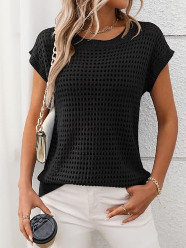 Image of Womens Crochet Cap Sleeve Sweater Summer Crew Neck Casual Hollow Out Knit Tops Pullover Trendy Beach Cover Ups Outfits