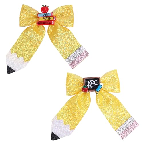 Beleki 2PCS Lazos para el Cabello con Forma de Lápiz Escolar - Pinzas para el Regreso a Clases con Brillo y Diseño de Cuero Amarillo para Niñas - Accesorio para el Primer Día de Escuela miniatura 1