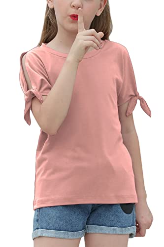 Image of GORLYA Girls Slit Sleeve Tie Knot Cuff Knit Tunic Top 4-14Y | Seamless knit, cold shoulder slit sleeves with tie-knot cuffs, solid & stripe options, ideal for school and casual outings.