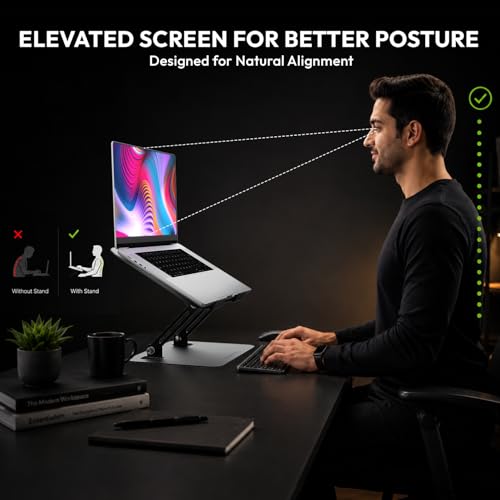 Image of Amkette Ergo Hi-Rise Laptop Stand, Laptop Stand Metal with Ergonomic Design, Heavy Duty Carbon Steel Build, Supports Up to 8kg Laptop, EVA Protection Pads, Supports Laptops up to 15.6 Inch, Grey